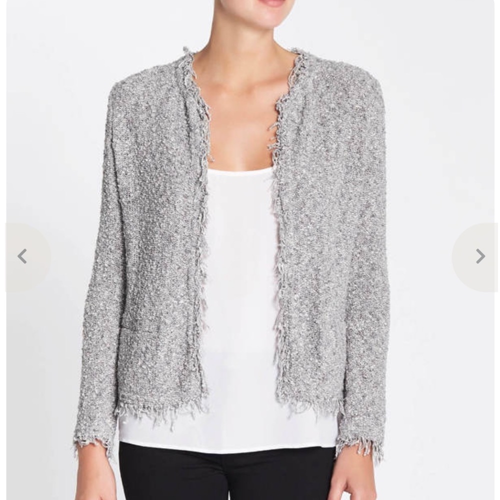 IRO Shavani Fringe Boucle Open Front Jacket in Light Grey size 40 or US 8